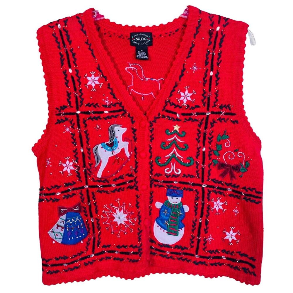 Designers Studio Original Christmas Red Embroidered Beaded Sweater Cardigan Size